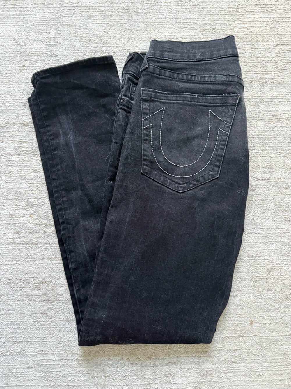True Religion Men's Black Relaxed Jeans with Signature Pocket Stitch (Size 34)